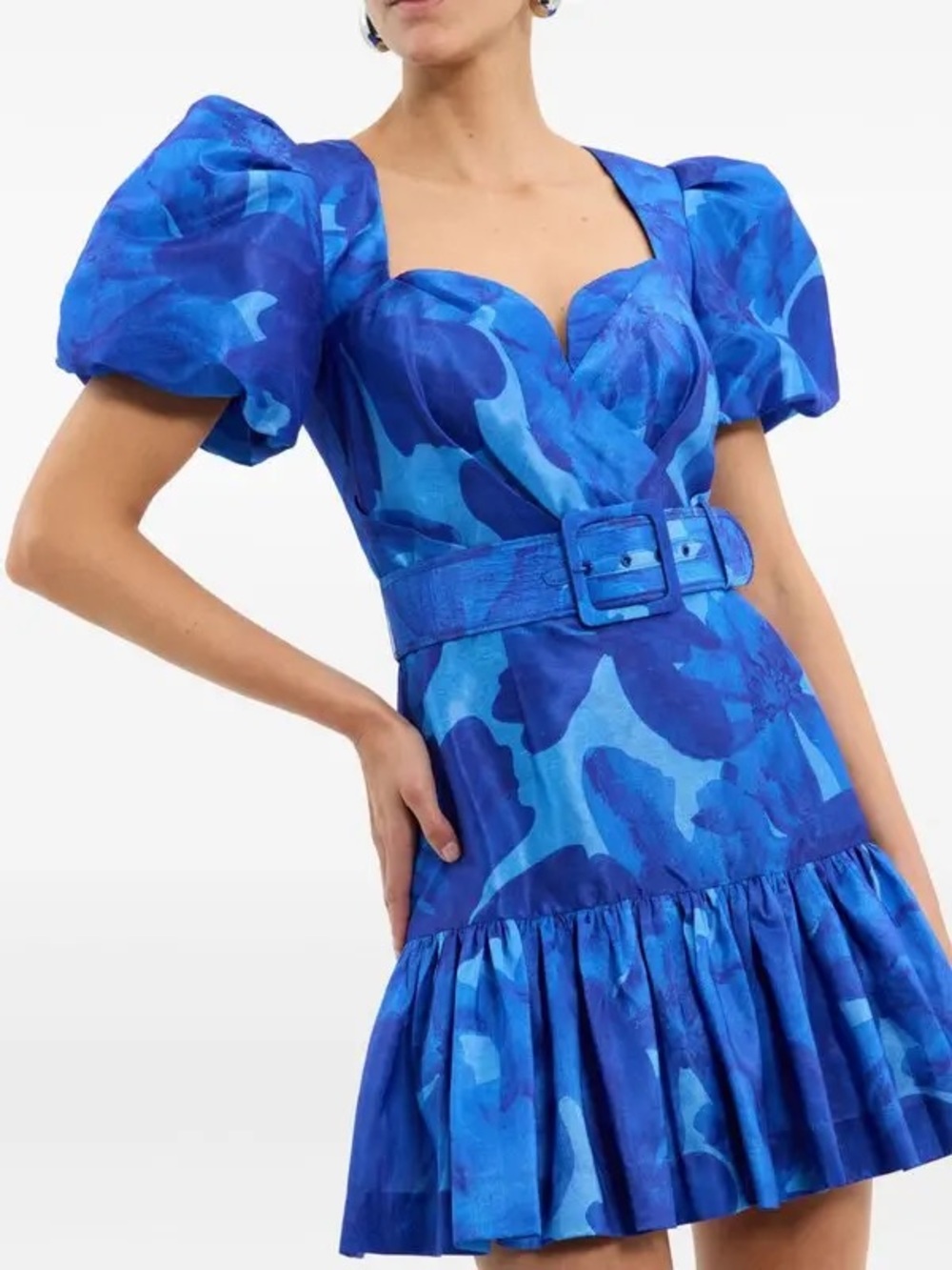 Rebecca Vallance Royal Blue Camouflage Puff-Sleeve Mini Dress